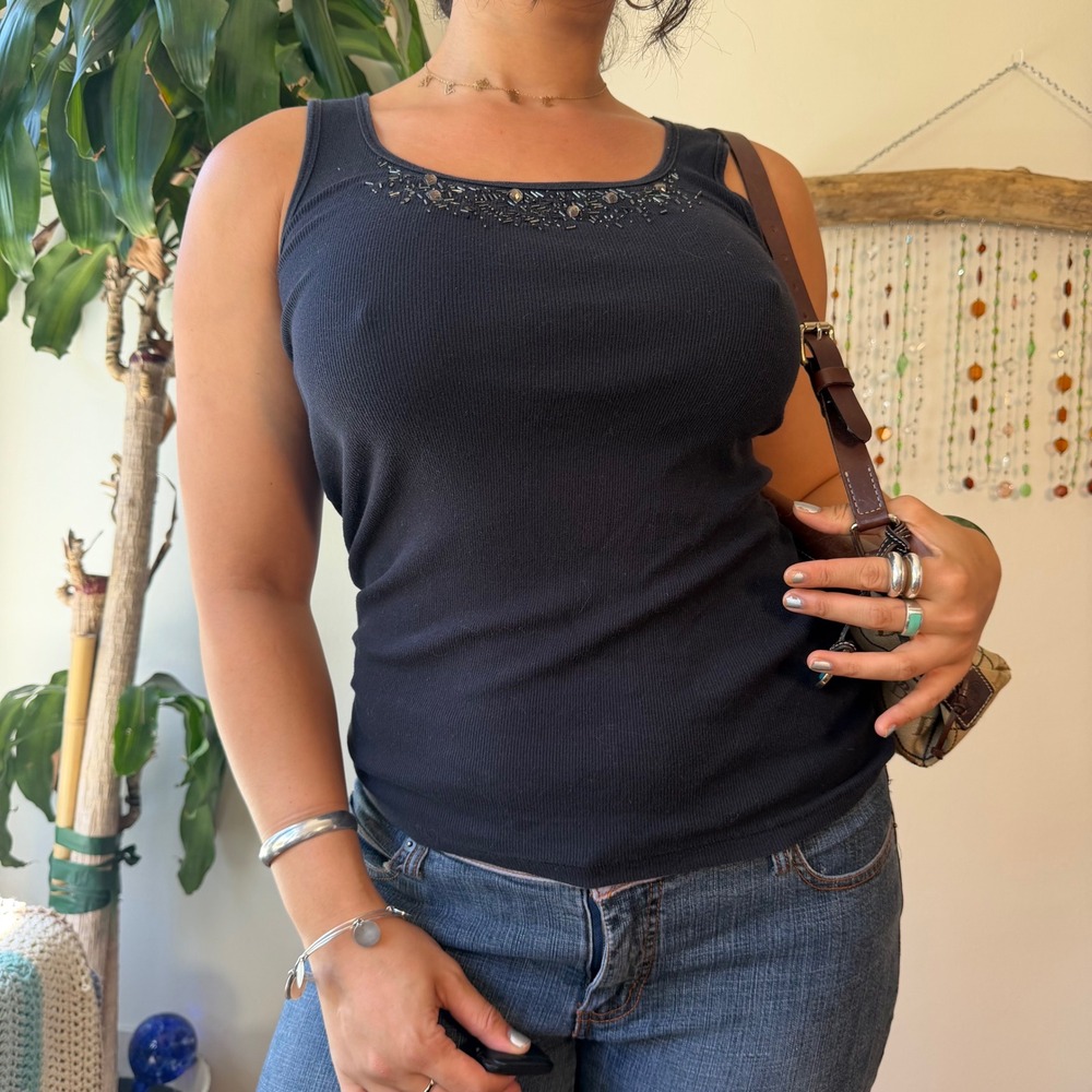 Sonoma Cotton Black Beaded Sequin Scoop Neck Tank Top Boho Fairy Grunge Small